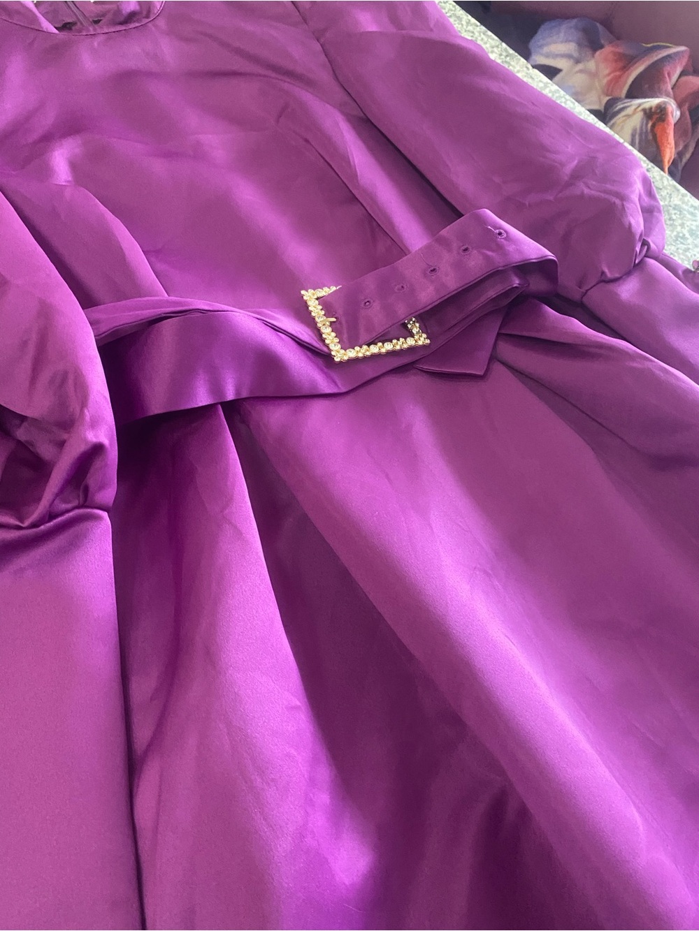 Purple Puff-Sleeve Midi Dress with Rhinestone Belt - Picture 7 of 9